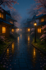 Japanese Village with Cherry Blossoms on a Rainy Spring Night