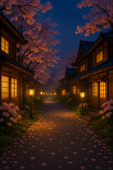 Japanese Village with Illuminated Cherry Blossoms at Night