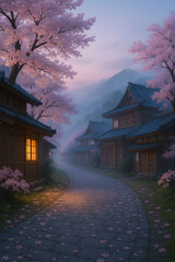Japanese Village with Cherry Blossoms at Sunrise