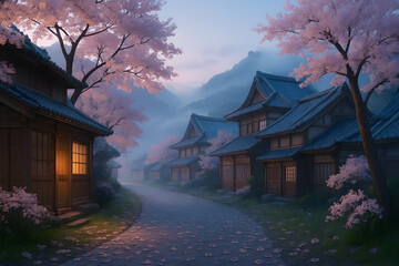 Traditional Japanese Village with Cherry Blossoms at Dawn