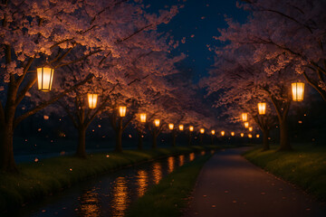 Illuminated Cherry Blossoms at Night, Japanese Spring Festival