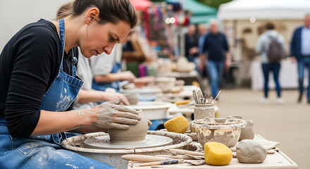 Artist focused intently on shaping wet clay on a pottery wheel at an outdoor craft fair with people blurred in the background