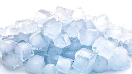 Obraz premium Minimalist composition of ice cubes in pyramid shape on white seamless backdrop, shot using 50mm lens, focus on clarity, edge detail, and soft shadowing from diffused overhead light