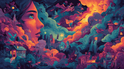 A playful pop surrealism dreamscape mixing cartoon style and surreal metaphors to communicate emotional and psychological themes.