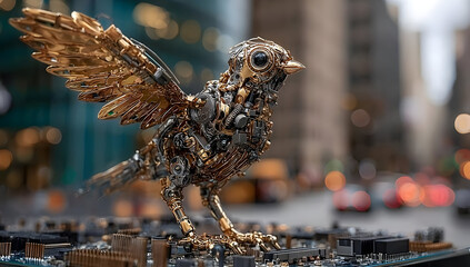 A stunning mechanical bird sculpture made from intricate metal parts, showcasing the fusion of nature and technology in urban settings.