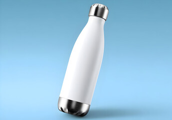 Stylish stainless steel water bottle against a light blue background, perfect for promoting eco-friendly hydration.
