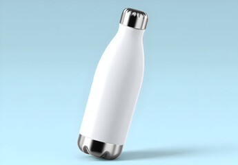 A sleek stainless steel insulated bottle against a soft blue background, perfect for keeping beverages hot or cold on the go.