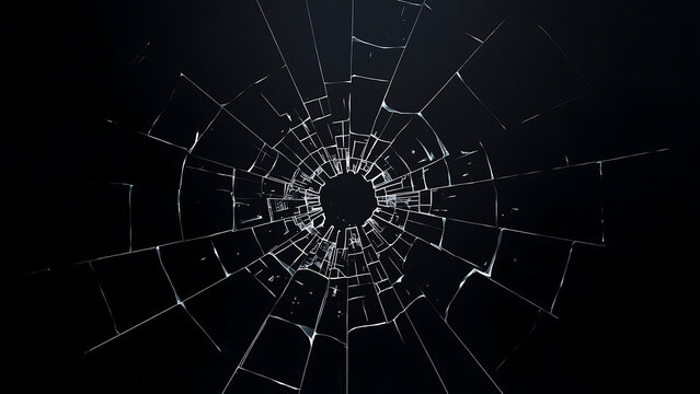 Fractured glass surface with hole against black background, suitable for concepts of vulnerability, danger, brokenness, or destruction in design projects.