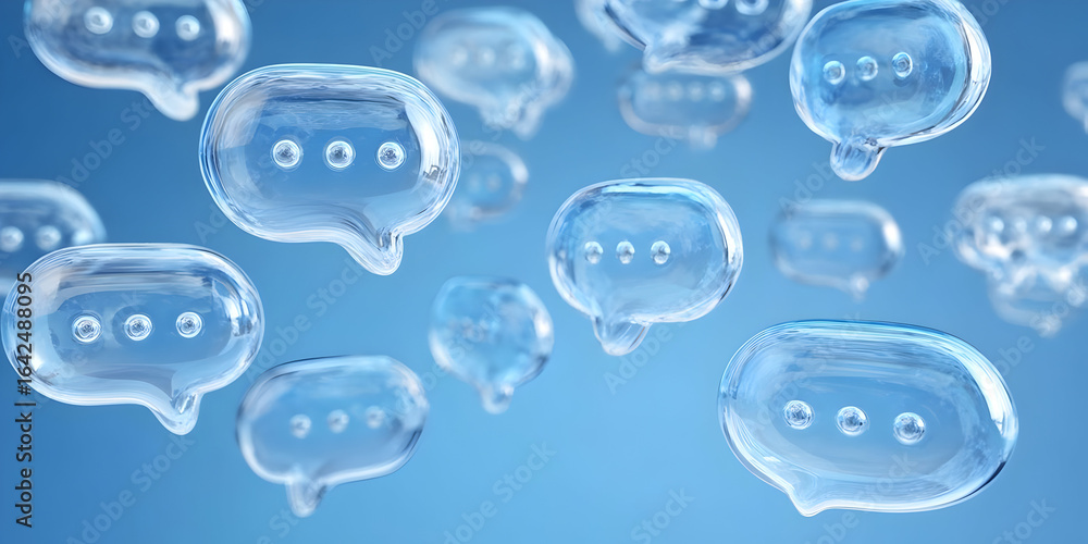 Poster floating transparent chat bubbles symbolize digital communication and modern interaction in a virtua