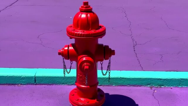 A vibrant red fire hydrant on a purple and teal-colored pavement
