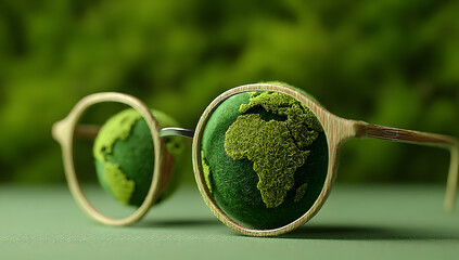 Creative representation of global awareness through eco-friendly glasses containing miniature Earth models.