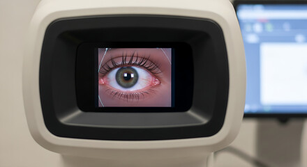 Close up view of a healthy green eye being examined by an ophthalmic machine displaying digital data on a screen in a medical clinic