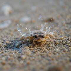 Tiny creature scurries on wet sand, splashing water droplets