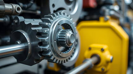 Fototapeta premium Close-up of industrial gears on a metal rod, showcasing precision engineering and mechanical components. Industrial machinery details in focus.