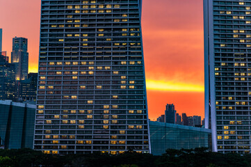Urban architecture and glowing sunset