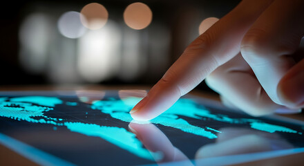 Close up of a human finger touching a digital world map displayed on a tablet screen with blurred bokeh lights in the background symbolizing global connection and technology.