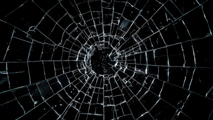 Obraz premium Shattered glass with a dark hole in the center a striking, dramatic image suitable for graphic design projects.