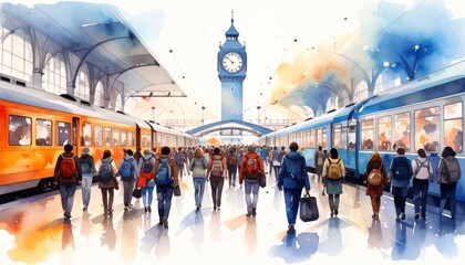 A beautiful watercolor painting depicting a lively scene of anonymous travelers and commuters bustling through a grand sunlit train station capturing the motion and atmosphere of urban transit.