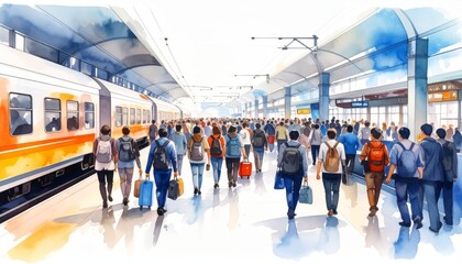 A diverse group of people travelers and commuters navigating the expansive concourse of a modern sunlit public transit hub during a busy rush hour.