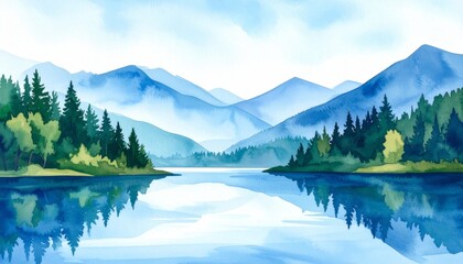 Fototapeta premium A serene and majestic painting of a tranquil mountain lake surrounded by a lush forest of evergreen trees under a clear blue sky reflecting the peaceful wilderness.