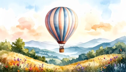 Fototapeta premium Spectacular hot air balloon gracefully ascends into the morning sky gliding peacefully over a vast and verdant agricultural landscape during a scenic flight.