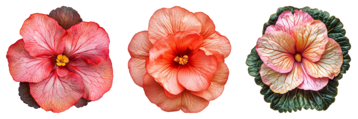 Three pink flowers with green leaves