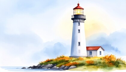 Obraz premium A serene watercolor painting masterpiece showcasing a majestic lighthouse tower on a rugged rocky shore a coastal beacon of light guiding ships with its powerful beam.