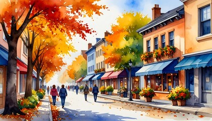 Fototapeta premium Vibrant artistic painting of a bustling city street scene with anonymous people and pedestrians walking along the urban sidewalk on a bright sunny day.