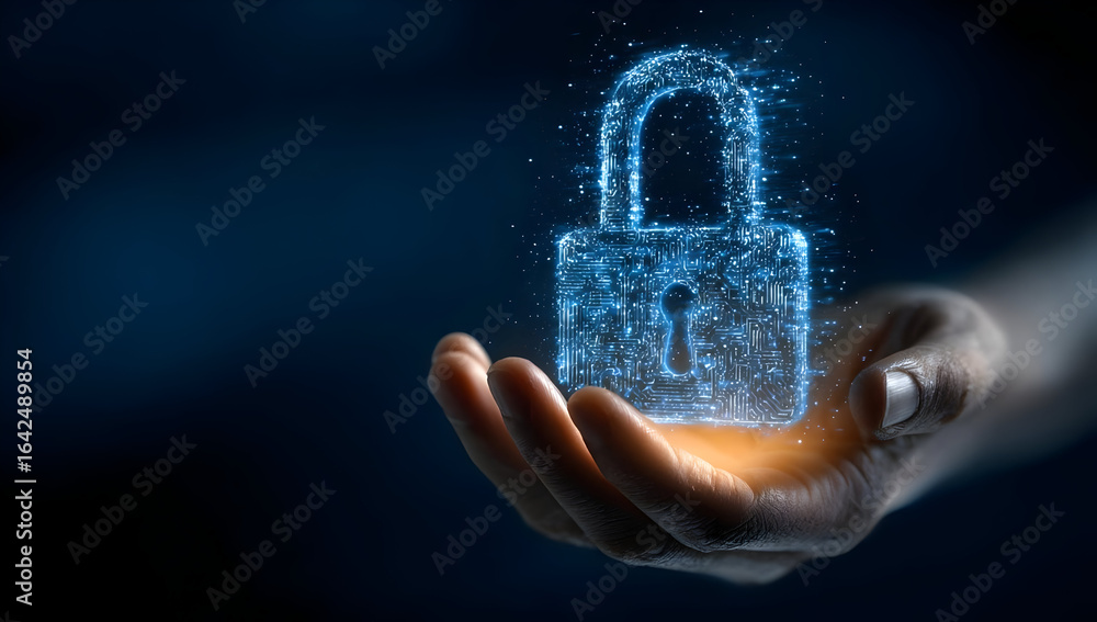Poster a person holds a glowing digital lock symbolizing cybersecurity and data protection in a futuristic 