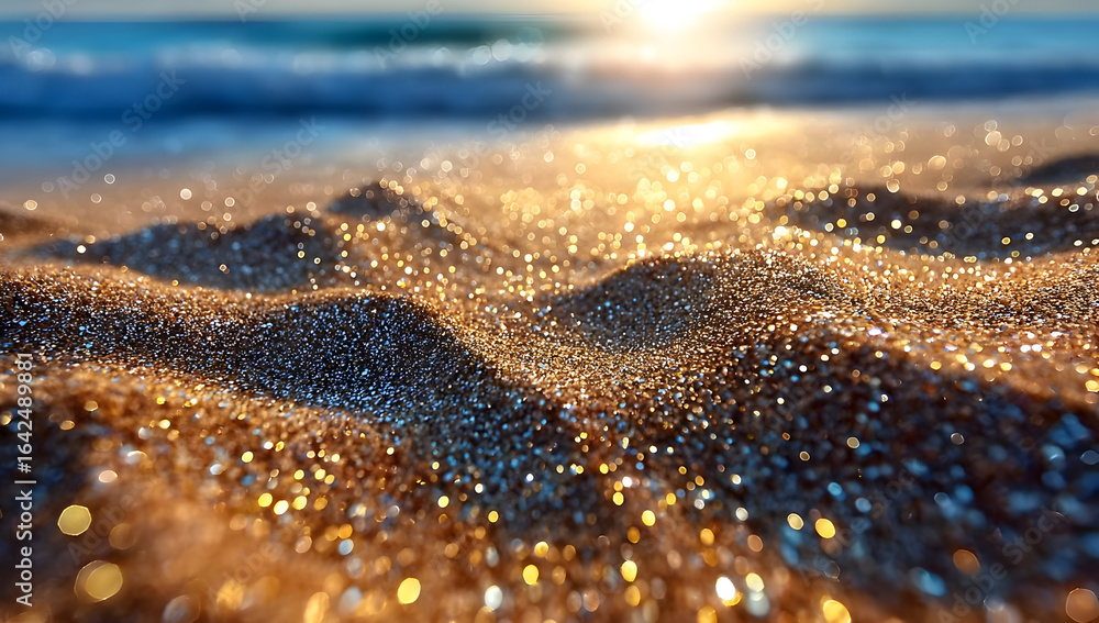 Poster close-up view of sparkling sand on a beach at sunset, creating a mesmerizing atmosphere filled with 