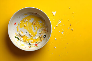 An empty plate with remnants of food, set against a vibrant yellow background, highlighting the concept of consumption and waste.