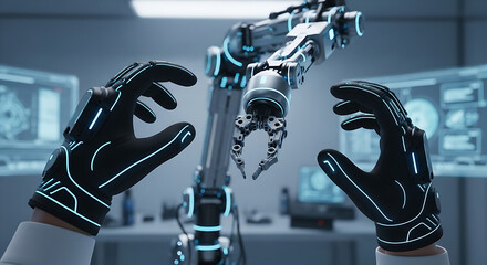Futuristic robotic arm with advanced technology and human interaction in a laboratory setting