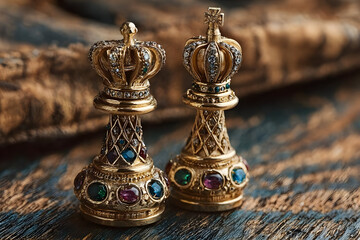 Intricate gold crown-shaped chess pieces displayed on a rustic wooden surface, showcasing elegance and artistry.