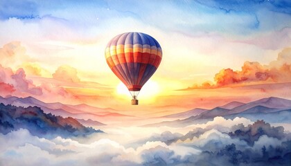 A beautiful watercolor painting of a colorful hot air balloon gracefully floating in a serene cloud filled sky during a picturesque sunrise evoking a sense of adventure and peace.