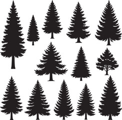 Obraz premium Silhouettes of Pine and Fir Trees Collection – Evergreen Forest Tree Vector Set in Black and White