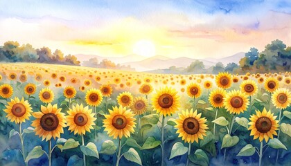 Obraz premium A breathtaking panoramic view of a vast agricultural field filled with vibrant golden sunflowers reaching towards the warm late afternoon summer sun during golden hour.