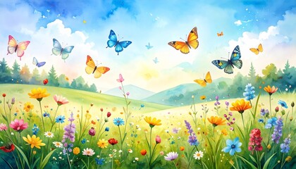 A breathtakingly beautiful meadow landscape teeming with colorful butterflies fluttering amongst vibrant wildflowers under a serene blue sky on a perfect summer day.