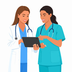Fototapeta premium Smiling female doctor and nurse team in uniform using a digital tablet for consultation.