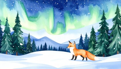 A majestic red fox stands gracefully in a pristine snowy landscape under the breathtaking vibrant glow of the aurora borealis a truly magical winter night scene.
