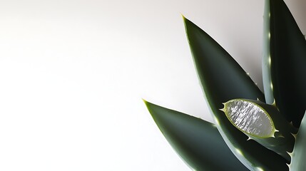 Obraz premium Fresh aloe vera leaf cut lengthwise with clear gel exposed, placed on bright white background, taken with mirrorless camera and 50mm prime lens, natural soft light highlighting gel's translucency