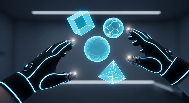Hands interacting with glowing blue holographic geometric shapes in a futuristic virtual reality environment