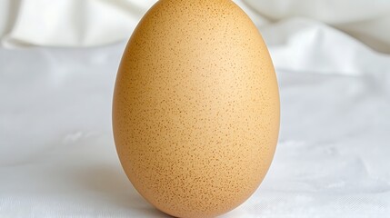 Brown chicken egg standing upright on white background captured with mirrorless camera using 50mm lens, focus on organic texture and balance of single brown egg centered in clean minimalist
