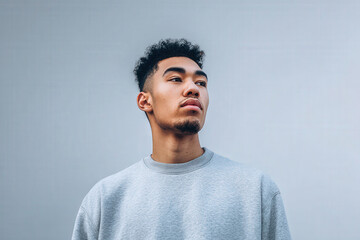 Obraz premium young man in gray sweatshirt stands against clean ultrabright background with focused demeanor