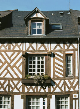 Fototapeta Half-timbered house facade detail in Normandy, France