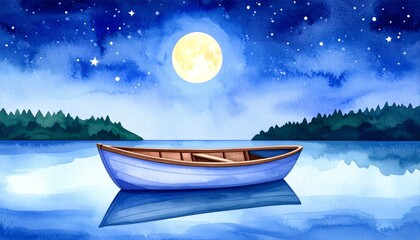 Serene night scene featuring a solitary boat gently floating on calm water under a luminous full moon casting a beautiful reflection on the tranquil ocean surface.