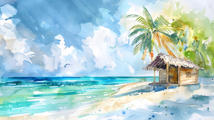 Fototapeta premium watercolor painting of a tropical beach hut