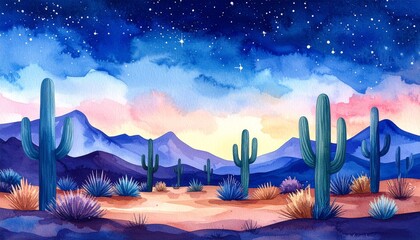 A vibrant watercolor painting capturing a serene desert landscape scene with majestic mountains and tall saguaro cactus under a clear sky.