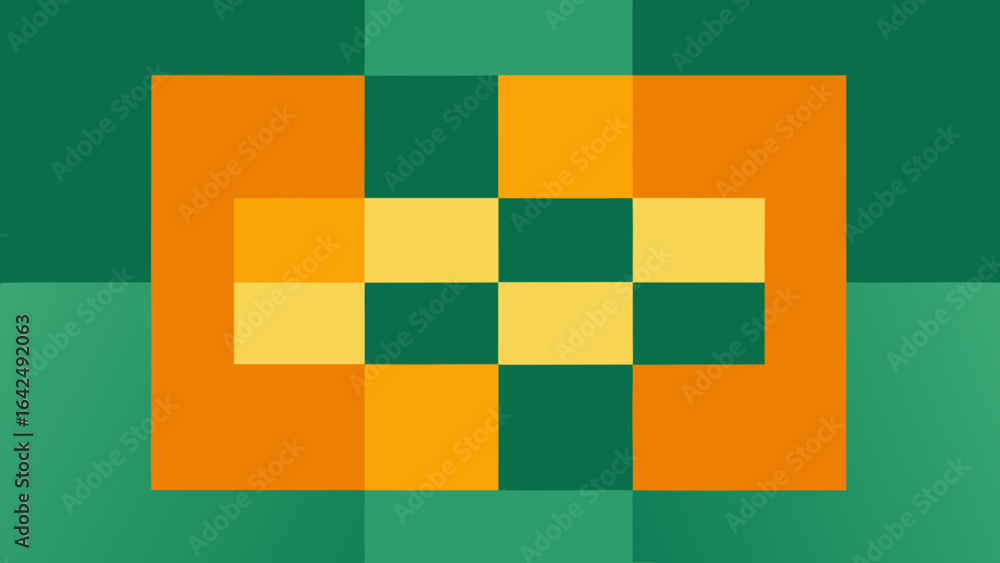 Poster geometric pixelated cross design on green gradient background abstract plus sign