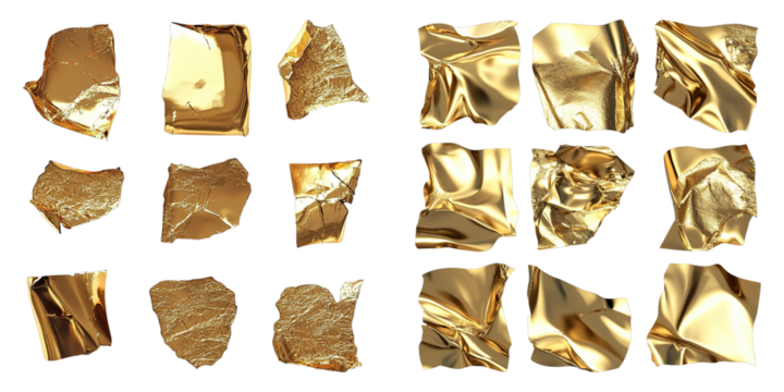 A collection of gold-colored paper cutouts, each with a unique shape and texture