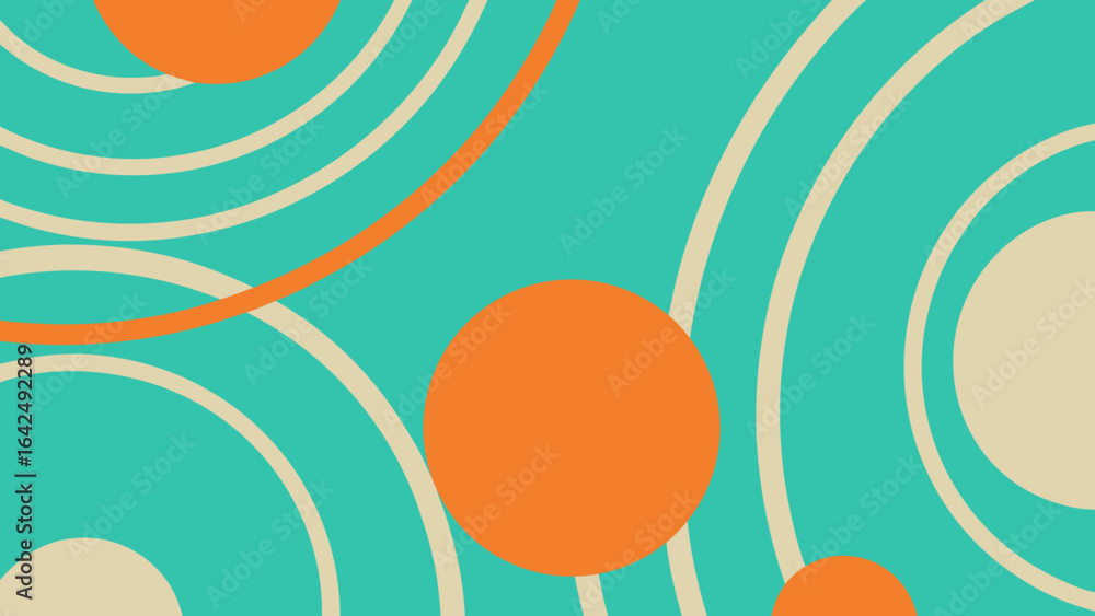 Poster mid century modern abstract pattern with concentric circles and arcs in teal orange and cream geomet